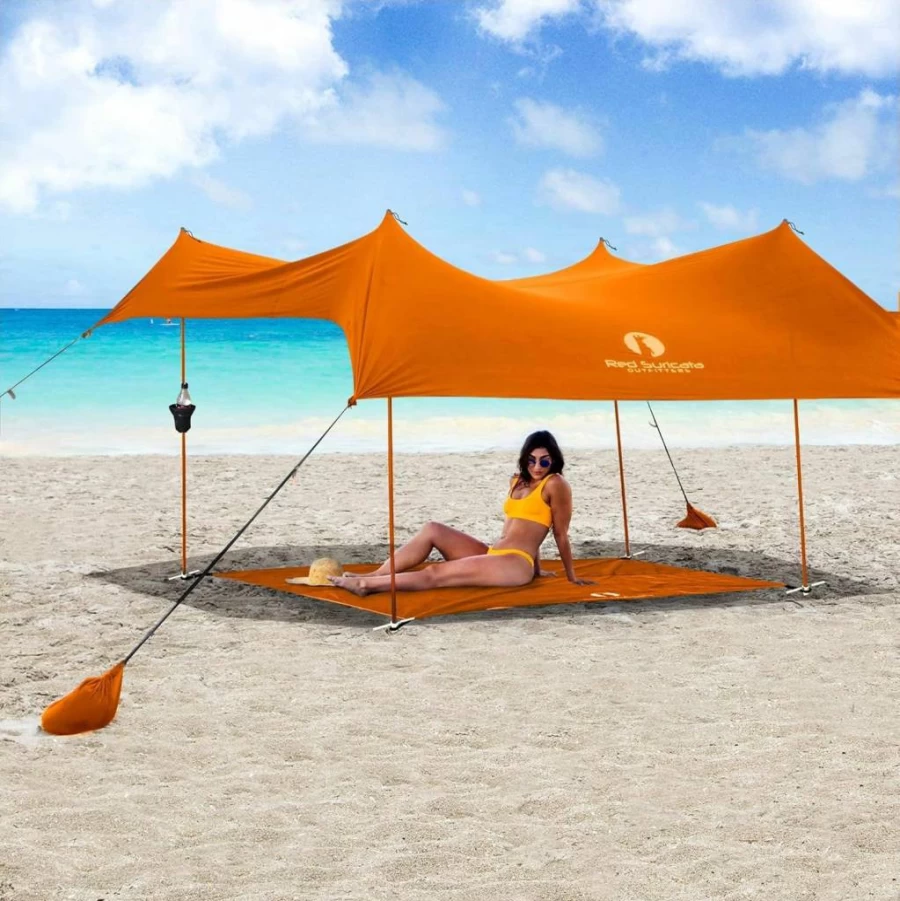 Red Suricata Orange Beach Tent with UPF50 Sun Protection, Sand-Free Mat & 2 Cup Holders - Portable Family Sun Shelter for Outdoor, Camping, and Seaside