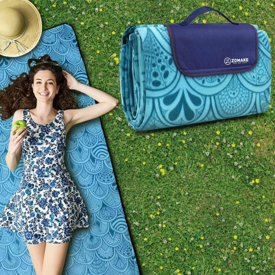 ZOMAKE Waterproof Picnic Blanket - 79x79 Inch Large Outdoor Sandproof Beach Mat, Foldable for Park, Concert, Yard, Camping - Peacock Blue