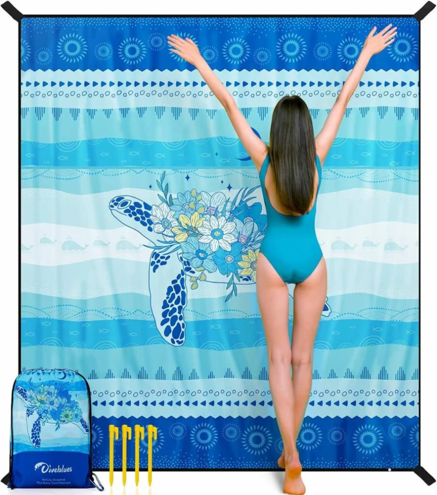 Diveblues Waterproof Sandproof Beach Blanket - Extra Large 9ft x 10ft, Portable Picnic Mat for Camping, Travel & Outdoor Activities with 4 Stakes & Carry Bag