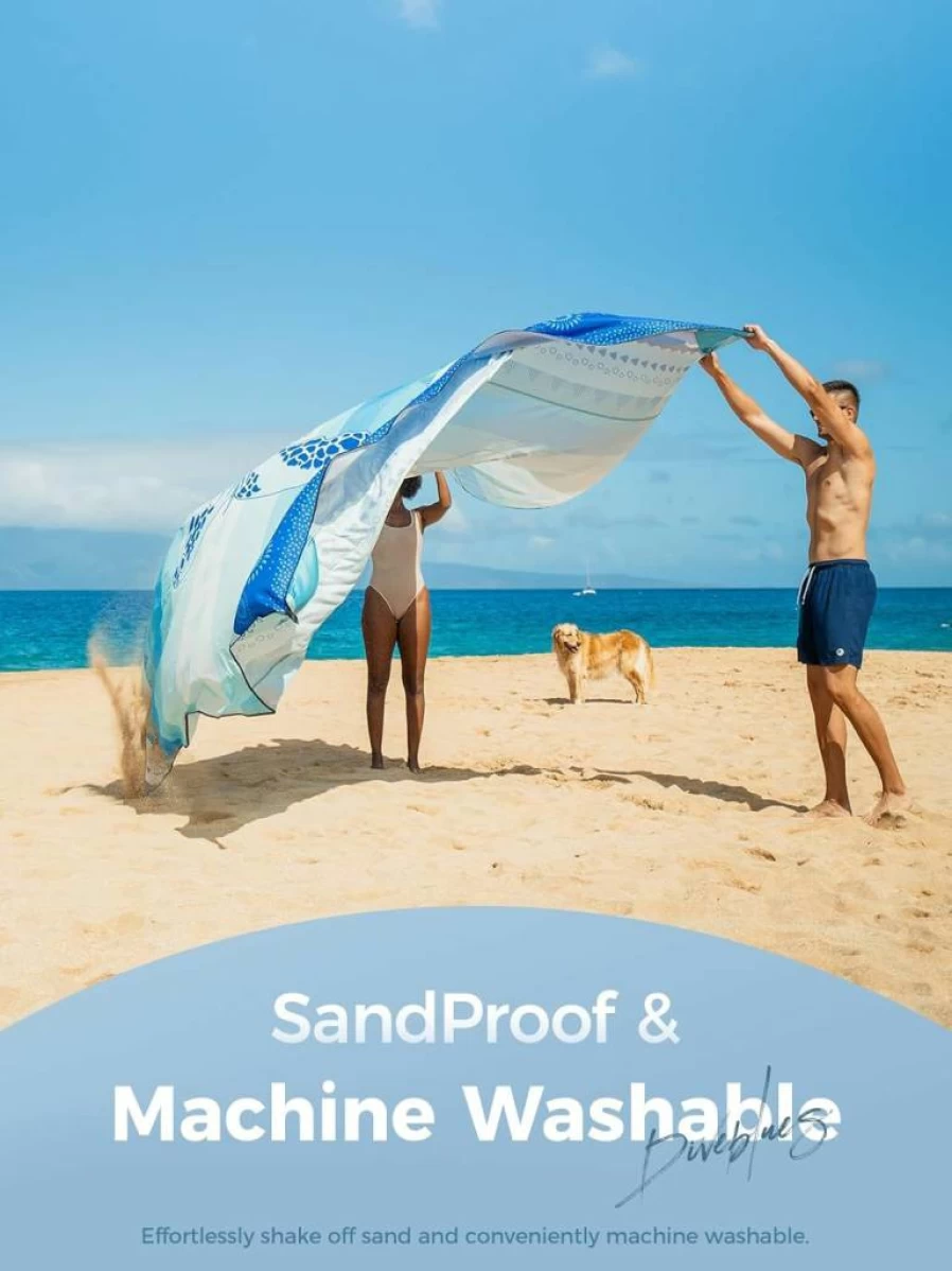 Diveblues Waterproof Sandproof Beach Blanket - Extra Large 9ft x 10ft, Portable Picnic Mat for Camping, Travel & Outdoor Activities with 4 Stakes & Carry Bag