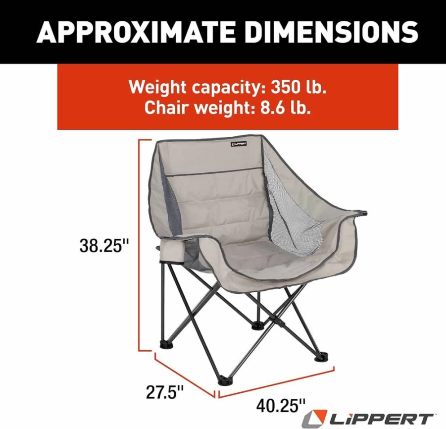 Lippert Components Double-Wide Extra Comfort Camping Chair with Padded Seat & Carry Bag - Heavy Duty Portable Outdoor Chair (Model 2021000207)