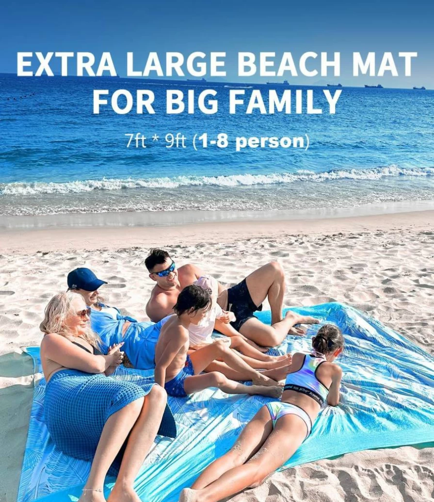 LH 84"x84" Waterproof Sandproof Beach Blanket – Large Picnic Mat for 5 Adults, Quick-Drying Camping & Outdoor Essentials with 4 Stakes – Lightweight, Durable, Compact Travel Blanket