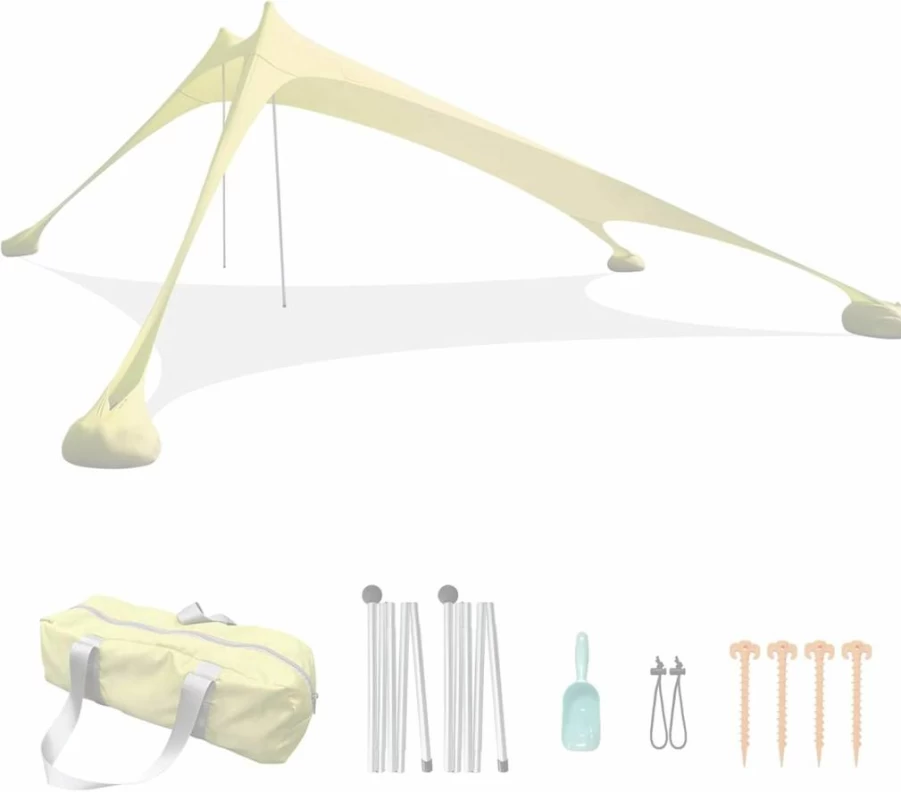 RRNAR Beach Tent with Sand Anchor - 2.1M x 2.1M Portable Sun Shelter, Reinforced Corners, UV Protection, Includes Sand Shovel & Carry Bag for Camping, Picnics, Outdoor Activities