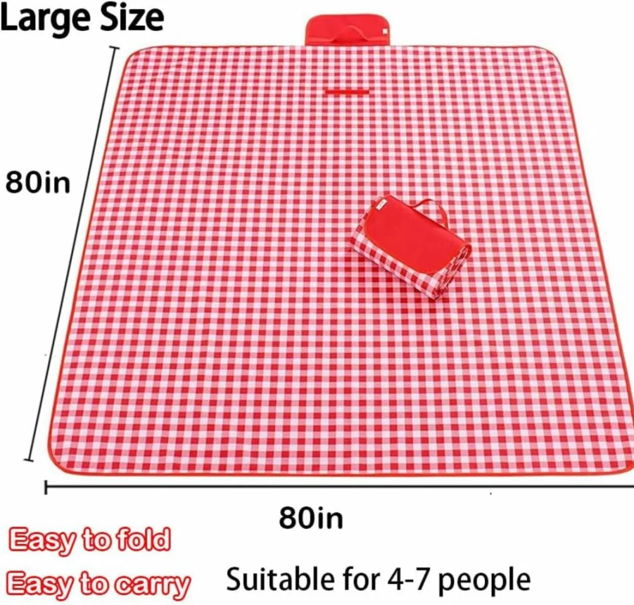 PUPOPIK 80x80 Inch Extra Large Beach Blanket - Waterproof, Sand-Free, Foldable Picnic Mat for Outdoor, Camping, Park, BBQ, Travel, and Concerts (Classic Red Check)