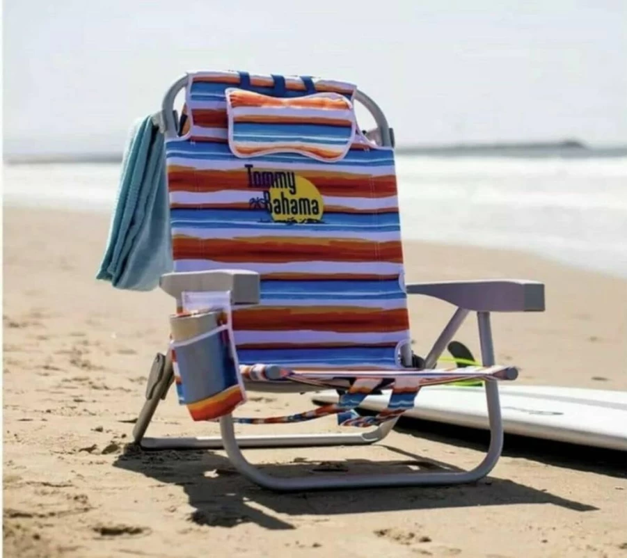 Tommy Bahama Backpack Cooler Chair with Storage Pouch, Towel Bar, and Insulated Compartment - Portable Outdoor Beach Lounge (Red/Blue)