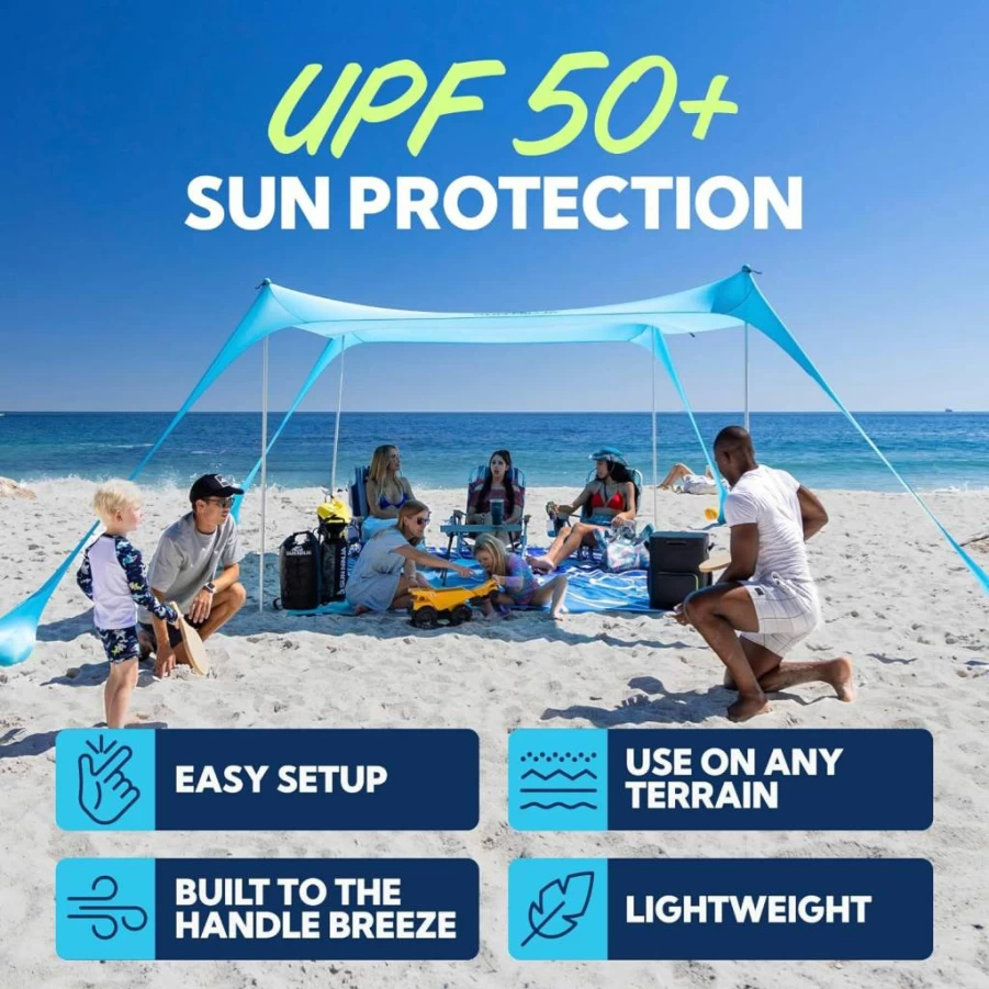 SUN NINJA Pop Up Beach Tent with UPF 50+ Sun Protection - Portable Sun Shelter for Camping, Fishing, Picnics - Includes Sand Shovel, Stakes & Stability Poles