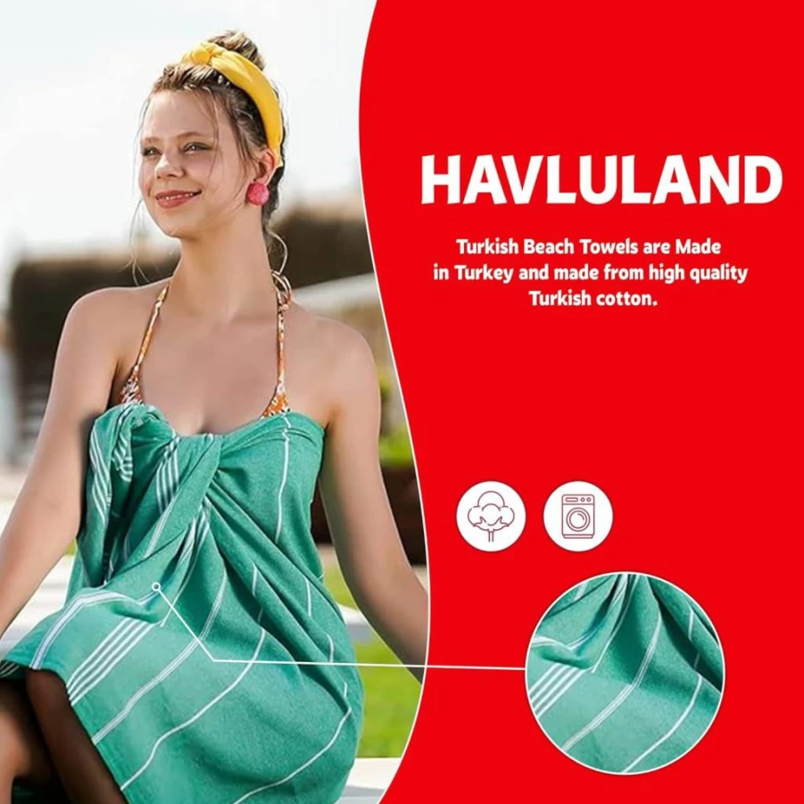 HAVLULAND Turkish Beach Towels 2 Pack - 100% Cotton Oversized 39x71 Inch, Quick Dry Sand Free Travel Towel & Blanket for Adults, Grey Beach Essentials Gift