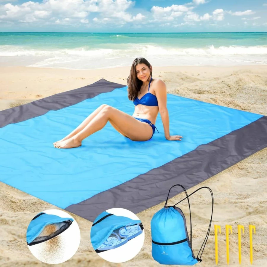 Sunnylon Waterproof Sandproof Beach Blanket - Large Oversized Portable Picnic Mat for Travel, Camping, Hiking | Lightweight Durable Family Outdoor Mat (Blue)