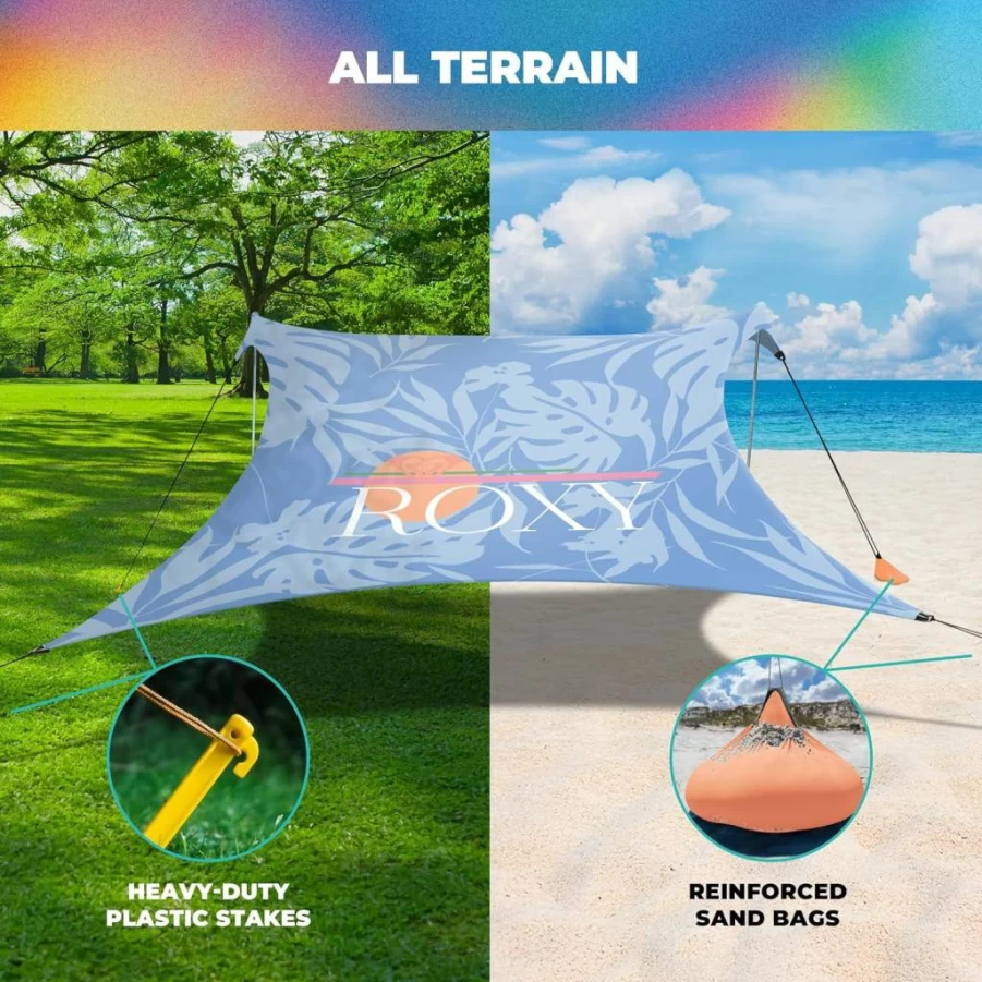 Roxy Portable Beach Tent with UPF 50+ Sun Protection, Lightweight Waterproof Shelter for 4-6 People, Includes Sandbag Anchors & Ventilation for Beach, Camping & Outdoor Use