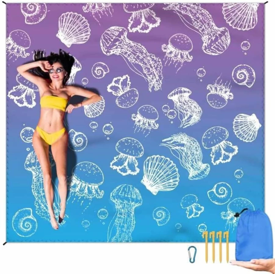 DPWCVM Waterproof Sandproof Beach Blanket 79"x83" Large Picnic Mat for 2-4 Adults, Quick Dry Outdoor Mat with 4 Stakes & Corner Pockets for Camping, Travel, Hiking (Purple)