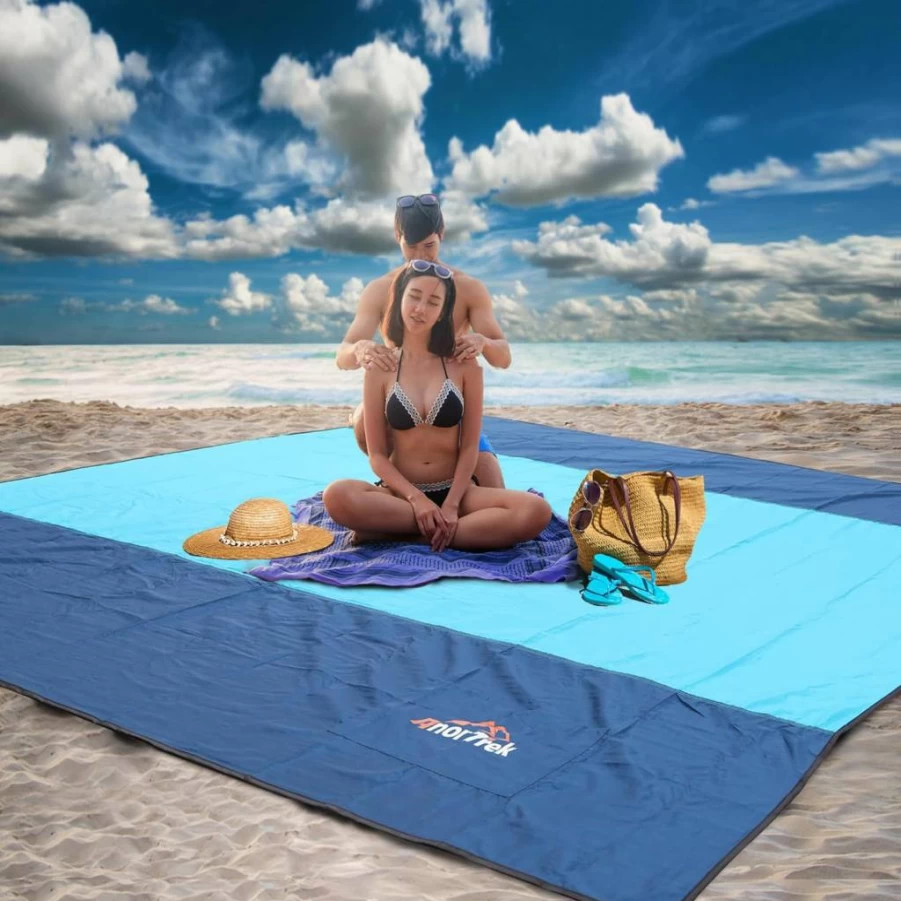 AnorTrek Sandproof Beach Blanket - Extra Large 6.6x6.6 Ft Quick Dry Lightweight Mat for Beach, Yard, Picnic (Sky/Blue/Dark Blue, 4-Person)