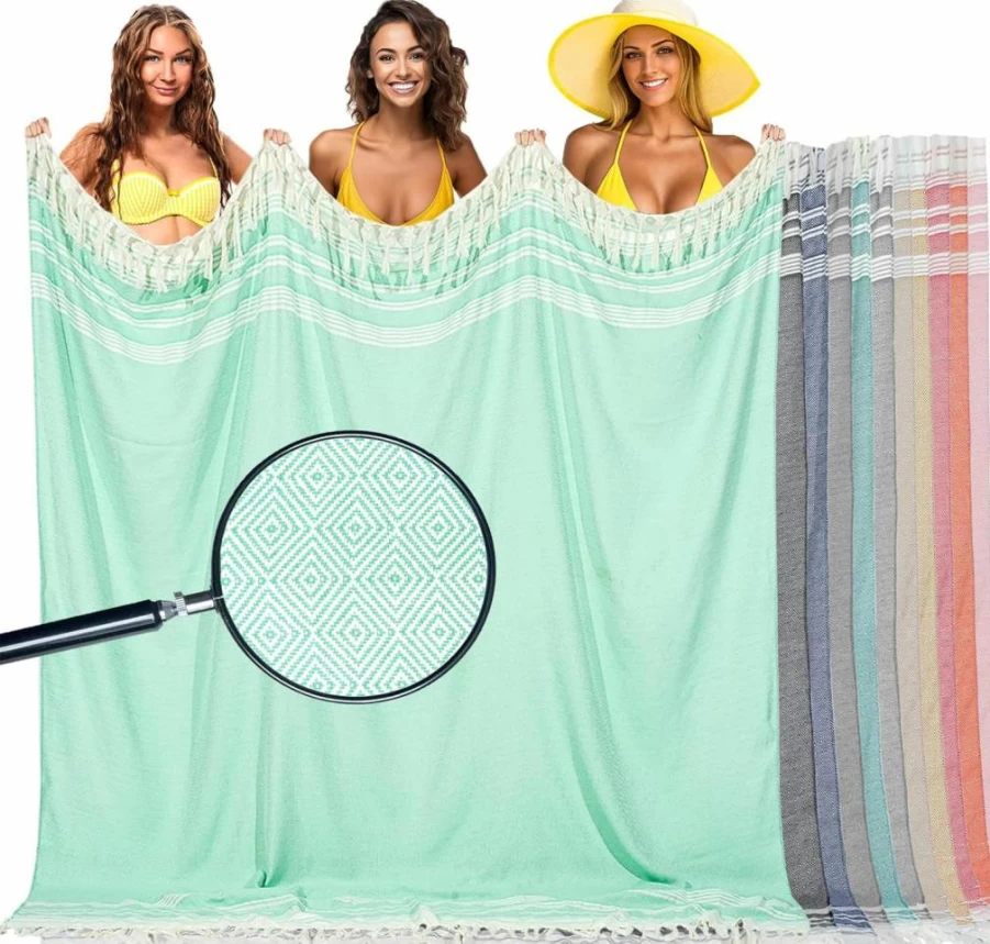 Vicomdy Oversized Turkish Cotton Beach Towel - Extra Large, Sandproof, Boho Design, Cloud Teal, Giant XL Blanket for Sand-Free Comfort