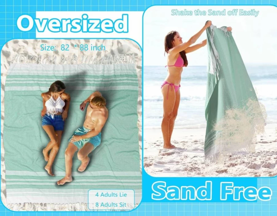 Vicomdy Oversized Turkish Cotton Beach Towel - Extra Large, Sandproof, Boho Design, Cloud Teal, Giant XL Blanket for Sand-Free Comfort