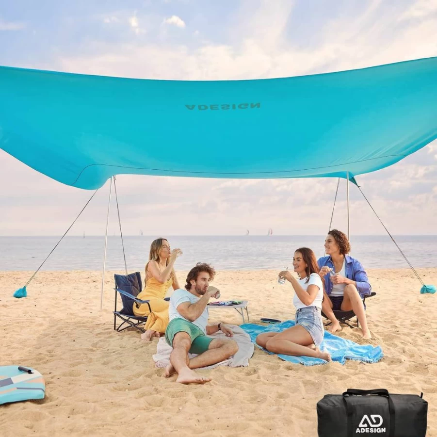 ADesign Windproof Beach Tent – UPF50+ Sun Shelter with 8 Sandbags & Sand Shovel, Easy Setup 6.5ft Family Canopy for Wind-Resistant Sun Shade, Perfect for Beach Vacations