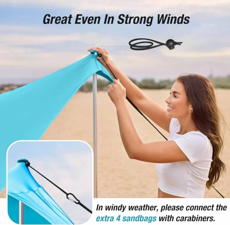 ADesign Windproof Beach Tent – UPF50+ Sun Shelter with 8 Sandbags & Sand Shovel, Easy Setup 6.5ft Family Canopy for Wind-Resistant Sun Shade, Perfect for Beach Vacations
