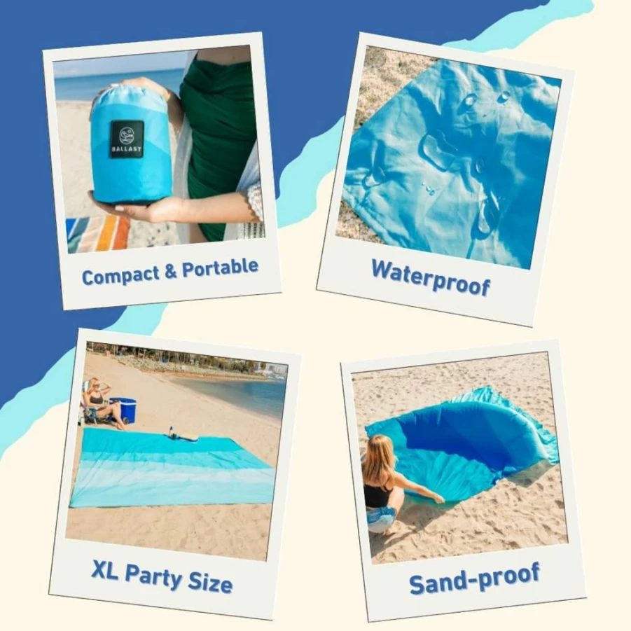 Ballast Extra Large Sandproof & Waterproof Beach Blanket 120"X108" - Lightweight, Quick Dry Picnic Mat with Stakes & Corner Pockets, Fits 4-8 Adults (Pacific)