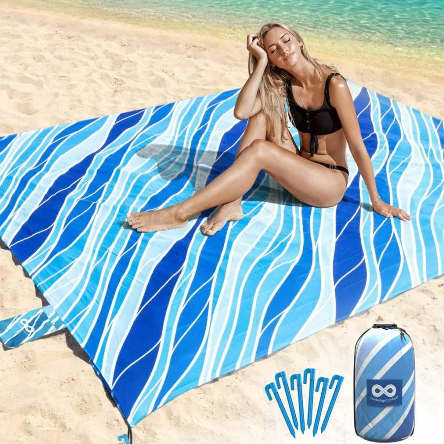 Everlasting Comfort Waterproof Sandproof Beach Blanket - Extra Large 10.7x9 Ft Lightweight Outdoor Picnic Mat for Camping, Festivals, Family (Blue)