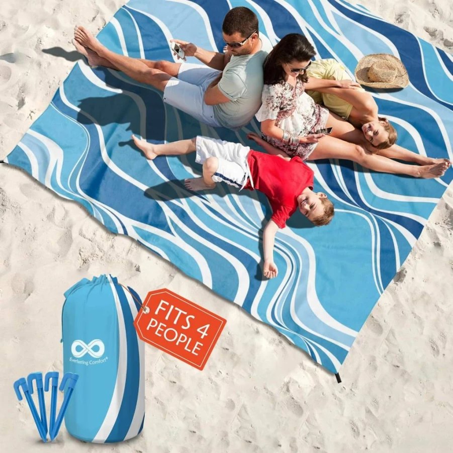 Everlasting Comfort Waterproof Sandproof Beach Blanket - Extra Large 10.7x9 Ft Lightweight Outdoor Picnic Mat for Camping, Festivals, Family (Blue)
