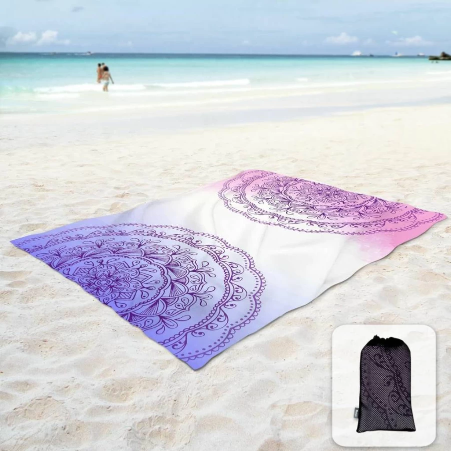 Sunlit Mandala Sand Proof Beach Blanket 106"x81" | Portable with Corner Pockets & Mesh Bag | Large Outdoor Mat for Travel, Camping, Music Festivals