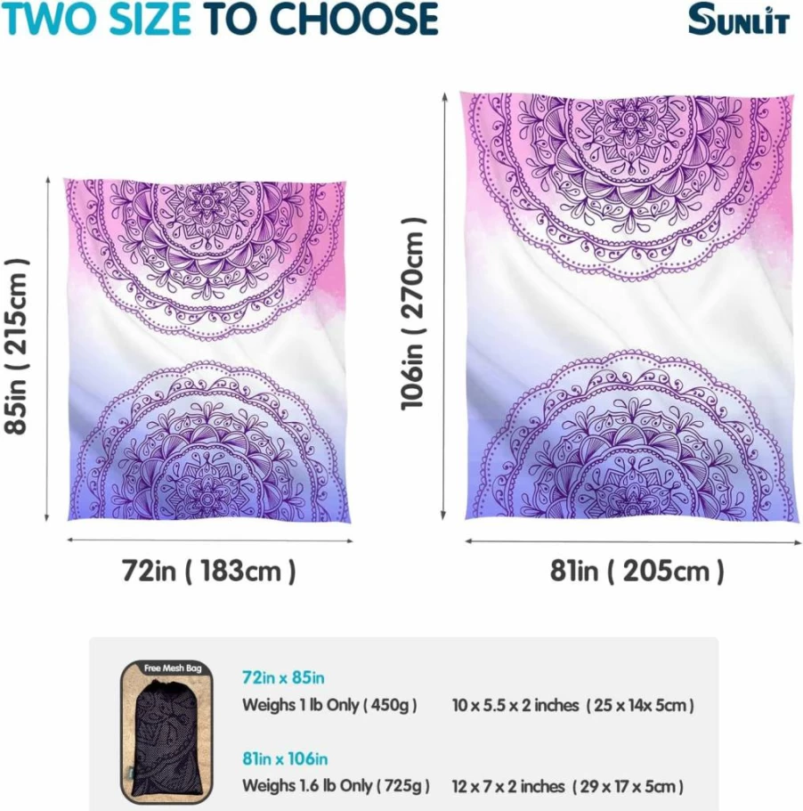 Sunlit Mandala Sand Proof Beach Blanket 106"x81" | Portable with Corner Pockets & Mesh Bag | Large Outdoor Mat for Travel, Camping, Music Festivals