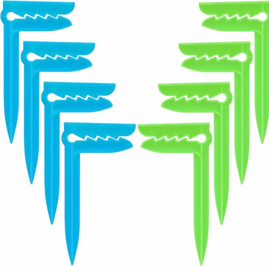 SHIDOW Beach Stakes 8-Pack - Heavy Duty Sand Anchors for Towels, Picnic Blankets, and Outdoor Mats - Green & Blue Water-Resistant Clips - Essential Beach Vacation Accessories