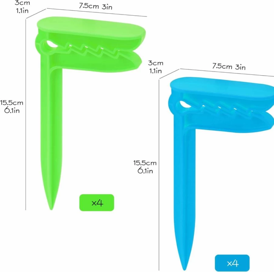 SHIDOW Beach Stakes 8-Pack - Heavy Duty Sand Anchors for Towels, Picnic Blankets, and Outdoor Mats - Green & Blue Water-Resistant Clips - Essential Beach Vacation Accessories