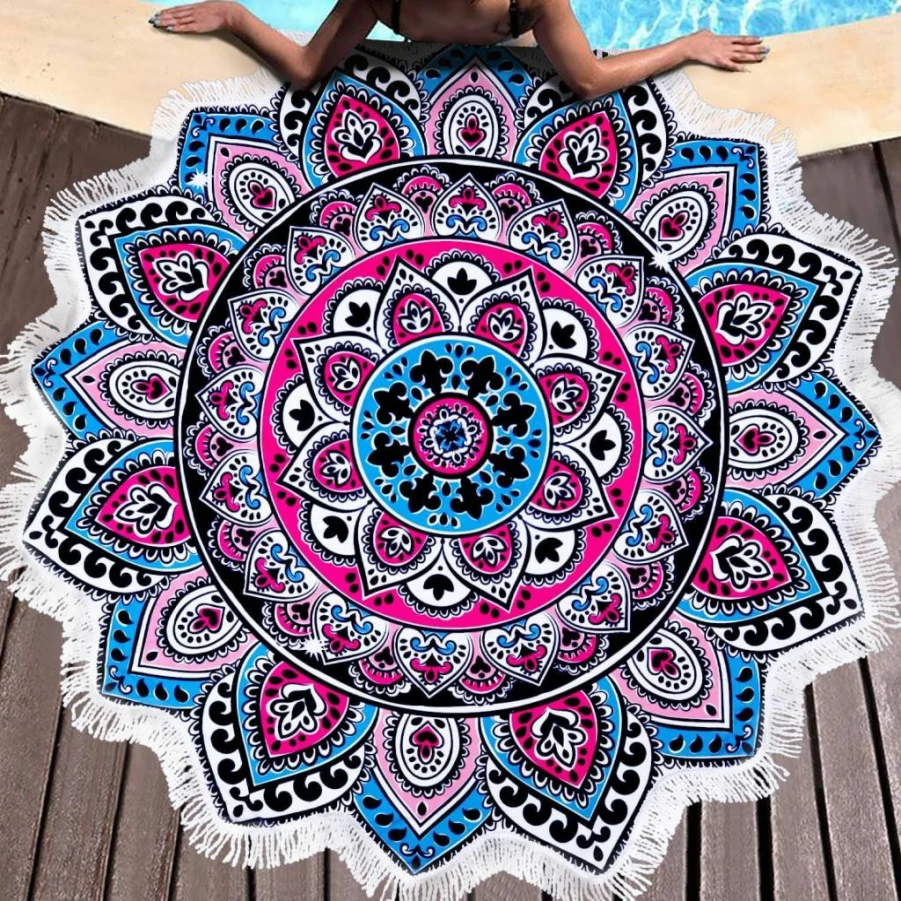 Benefeet Sox Large 59" Round Microfiber Boho Mandala Beach Towel - Quick Dry Sand Free Bohemian Blanket for Yoga, Picnic, Wall Decor & Tablecloth