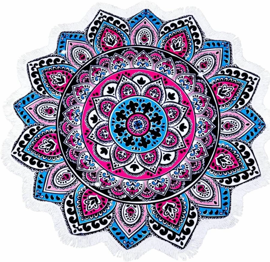 Benefeet Sox Large 59" Round Microfiber Boho Mandala Beach Towel - Quick Dry Sand Free Bohemian Blanket for Yoga, Picnic, Wall Decor & Tablecloth