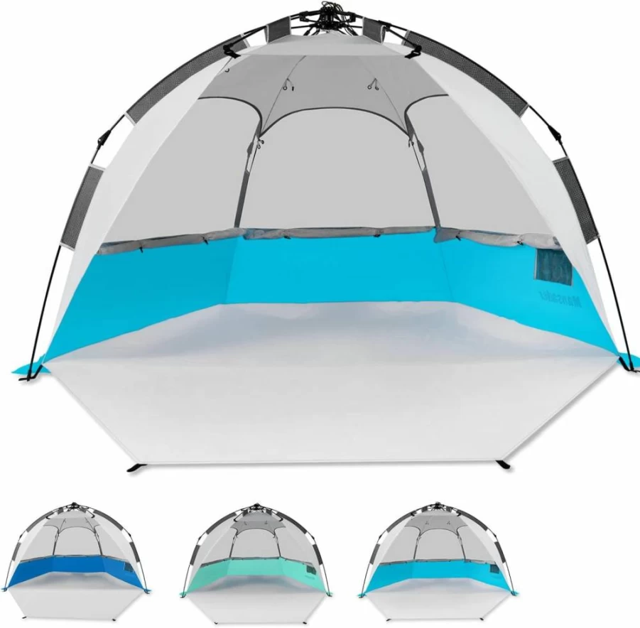 Mansader 2-3 Person Large Beach Tent with UV Protection, Easy Pop Up Sun Shelter, Portable Camping Tent with Extended Floor & 3 Mesh Windows for Outdoor, Fishing (Light Blue)