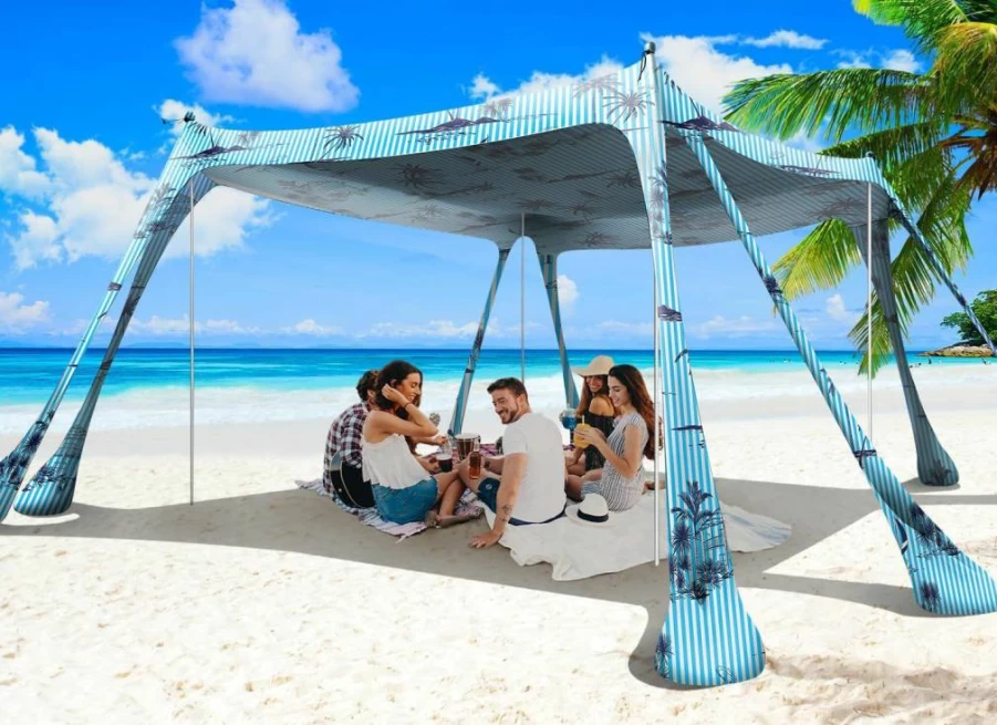 Wabolay 10x10ft Beach Tent Canopy - Portable Pop Up Sun Shelter with UPF 50+, 8 Sandbags, 4 Aluminum Poles, Carry Bag for Outdoor Camping, Fishing, Picnics