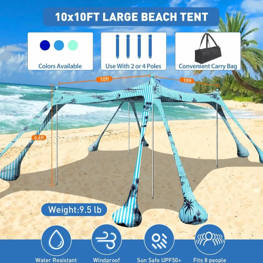 Wabolay 10x10ft Beach Tent Canopy - Portable Pop Up Sun Shelter with UPF 50+, 8 Sandbags, 4 Aluminum Poles, Carry Bag for Outdoor Camping, Fishing, Picnics
