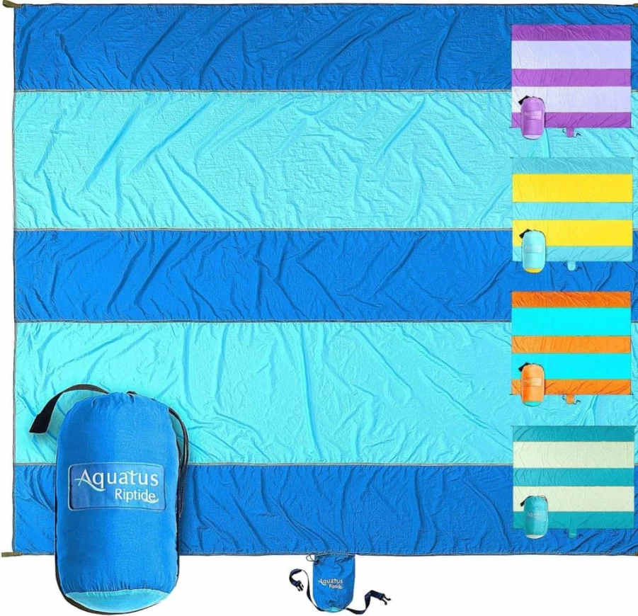 AQUATUS Premium XXL 10ft x 9ft Sandproof Water-Resistant Beach Blanket with 4 Metal Stakes, Corner Pockets, Quick-Dry Mat for 1-8 Adults, Includes Carry Bag & Strap
