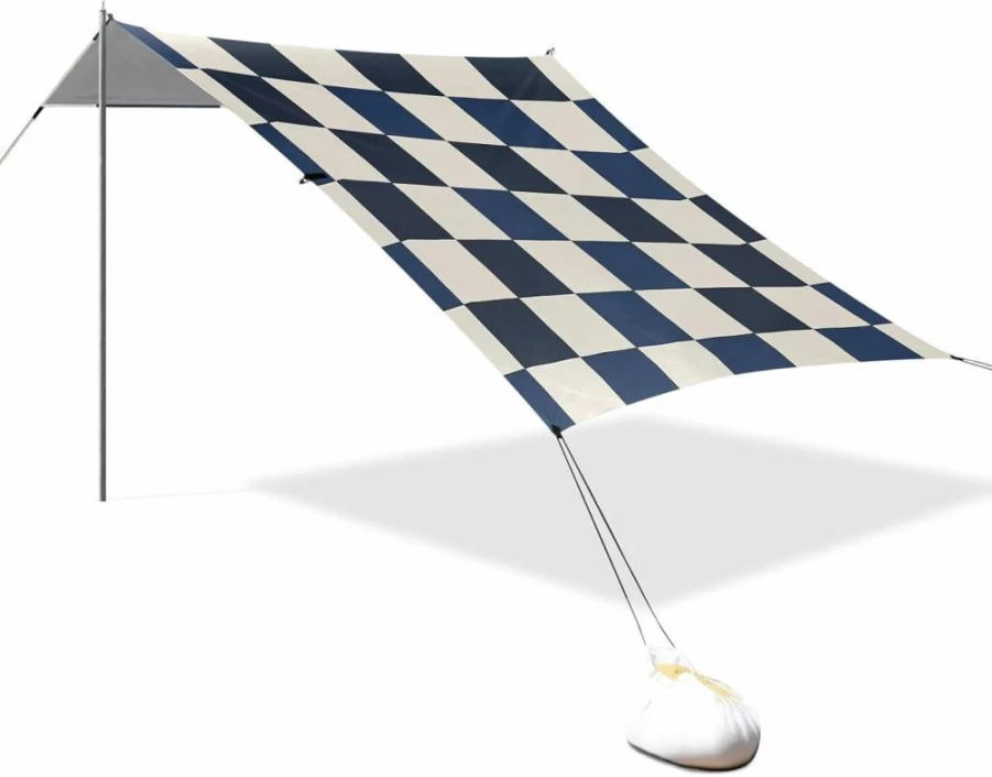 EtherSpher UPF50+ Portable Beach Tent with Sandbags - Water-Resistant Sun Shelter for Family Travel, Blue and White Checkered Design, Includes Sand Shovel & Poles