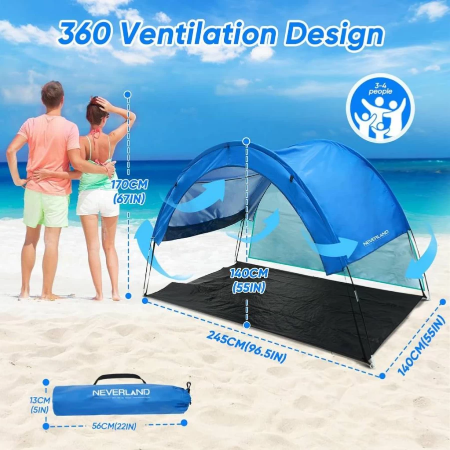 NEVERLAND Beach Tent Sun Shelter - UPF 50+ Portable Canopy for 3-4 People, Easy Setup with Sandbags & Mat, Ideal for Camping, Picnics, Backyard and Outdoor Activities