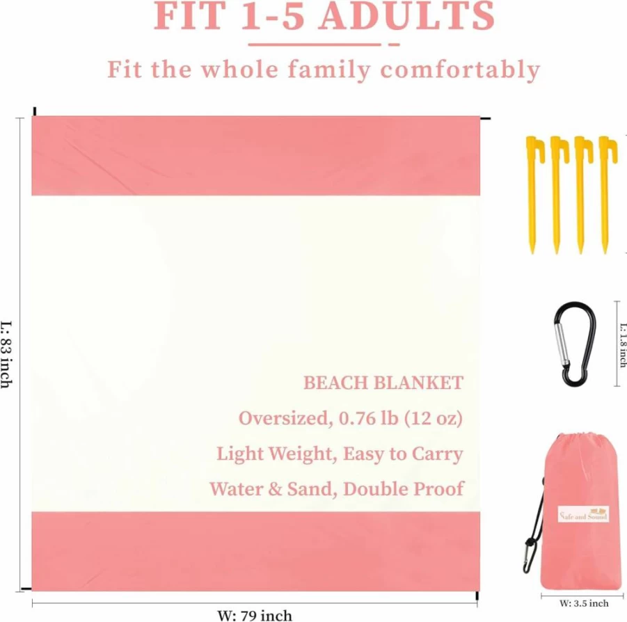 Safe and Sound Extra Large Sandproof Beach Blanket - 5 Person Pink & White Picnic Mat for Camping, Travel, Hiking with 4 Stakes & Storage Bag (83"x79")