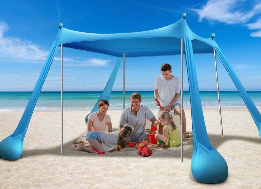 CHNENOMME 10x10FT Pop Up Beach Tent with UPF50+ Sun Protection, Portable Sun Shelter for Camping, Fishing & Picnics - Includes Sandbags, Stability Poles & Carry Bag