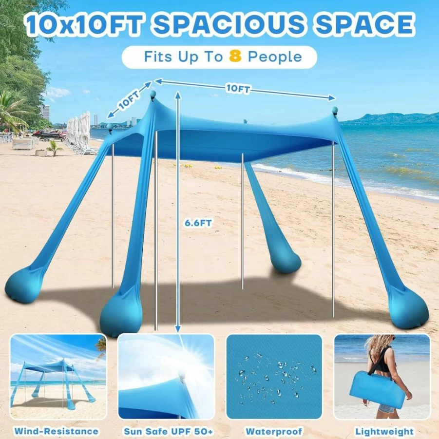 CHNENOMME 10x10FT Pop Up Beach Tent with UPF50+ Sun Protection, Portable Sun Shelter for Camping, Fishing & Picnics - Includes Sandbags, Stability Poles & Carry Bag