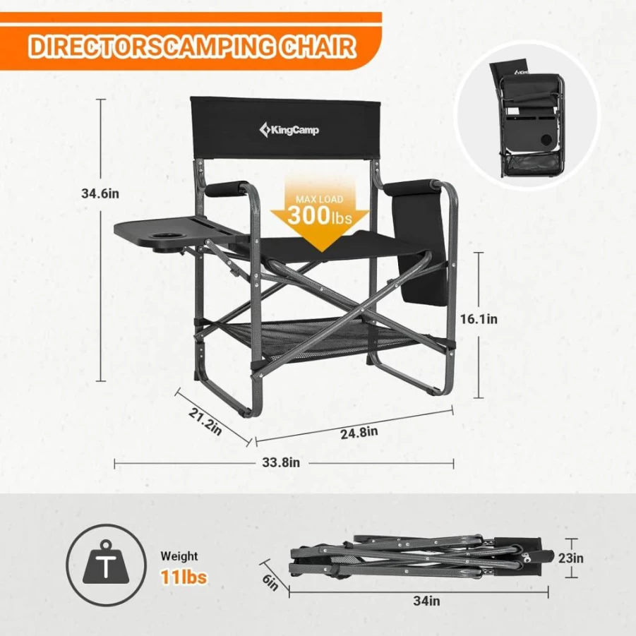 KingCamp Heavy Duty Folding Camping Chair with Side Table & Mesh Back - Portable 300LBS Capacity Chair for Outdoor, Hiking, Fishing, Backpacking