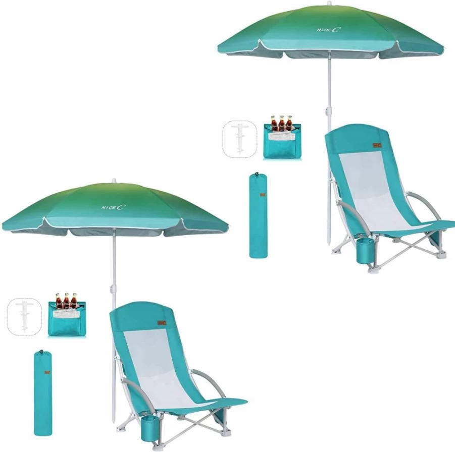 Nice C 2 Pack Beach Chairs with Umbrella, Cooler & 2 Low Sand Chairs – Portable Folding Set for Outdoor Relaxation
