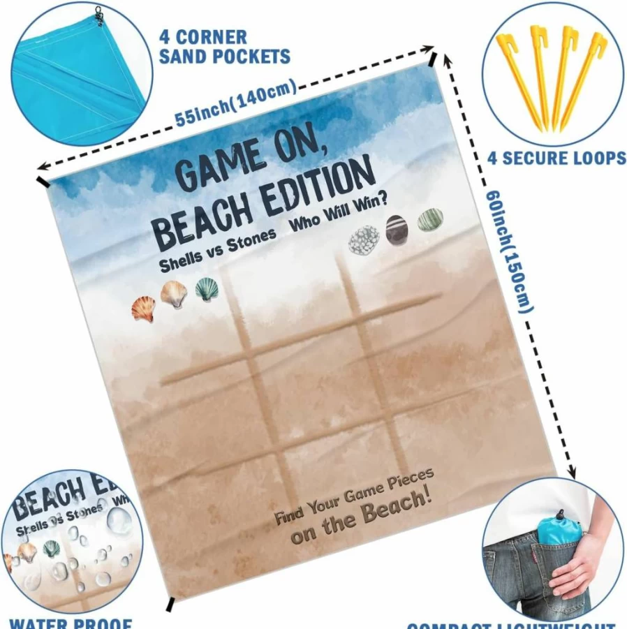 Xmsaitar Waterproof Sandproof Beach Blanket 55x60 Inch - Portable Coastal Picnic Mat for Outdoor Camping, Travel, RV, Kids Gifts, Seashell Design