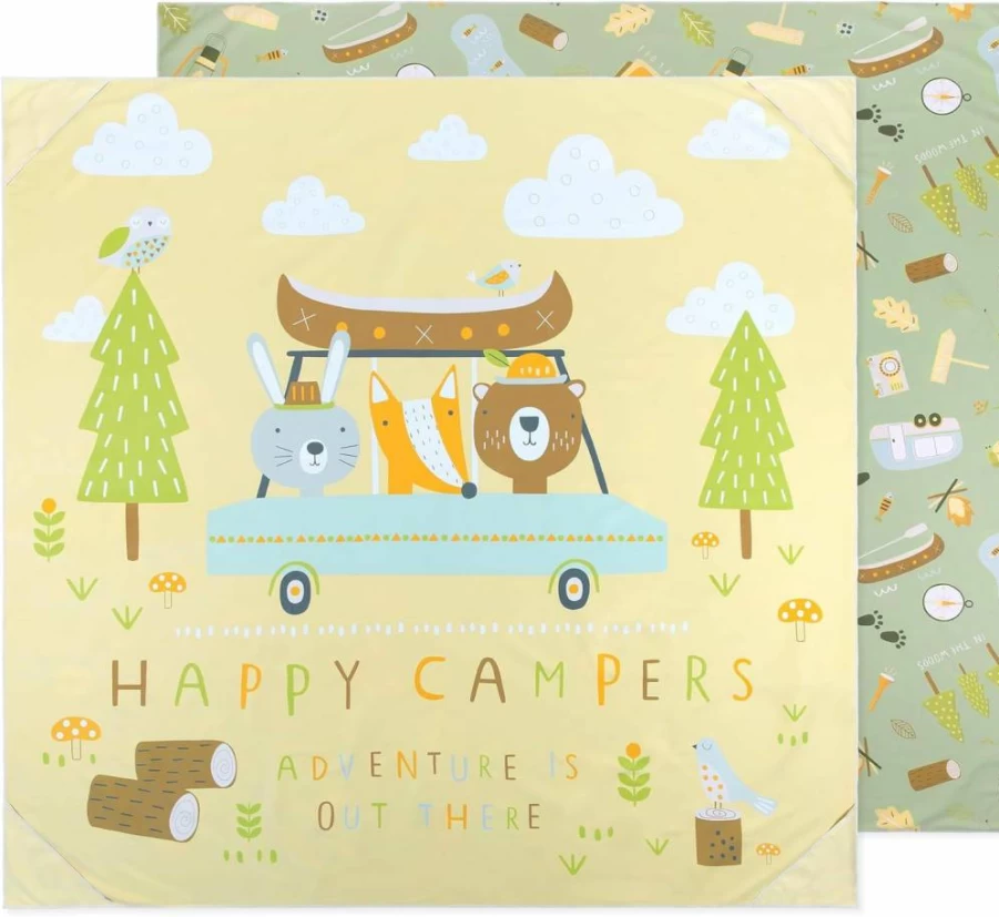 Bumkins Happy Campers Reversible Throw Blanket - 58x58 Inch Soft, Lightweight Microfiber Towel for Toddler, Kids, Baby - Sand & Debris Resistant for Travel, Beach, Picnic, Indoor & Outdoor Play