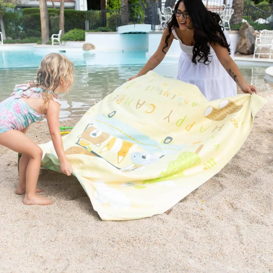 Bumkins Happy Campers Reversible Throw Blanket - 58x58 Inch Soft, Lightweight Microfiber Towel for Toddler, Kids, Baby - Sand & Debris Resistant for Travel, Beach, Picnic, Indoor & Outdoor Play