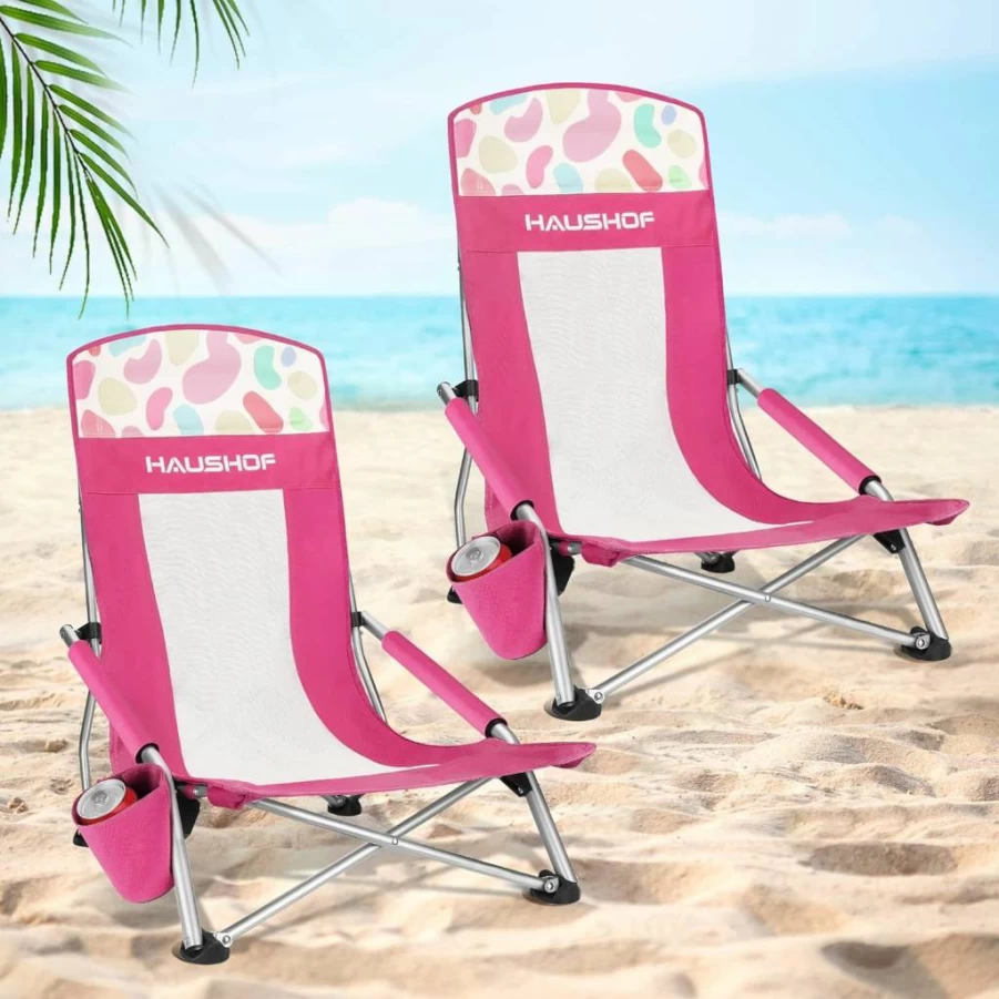 HAUSHOF Low Beach Chair with Mesh Back, Lightweight Folding Camping Chair with Cup Holder, Carry Bag & Padded Armrest for Outdoor, Beach, Lawn, Picnic, Festival