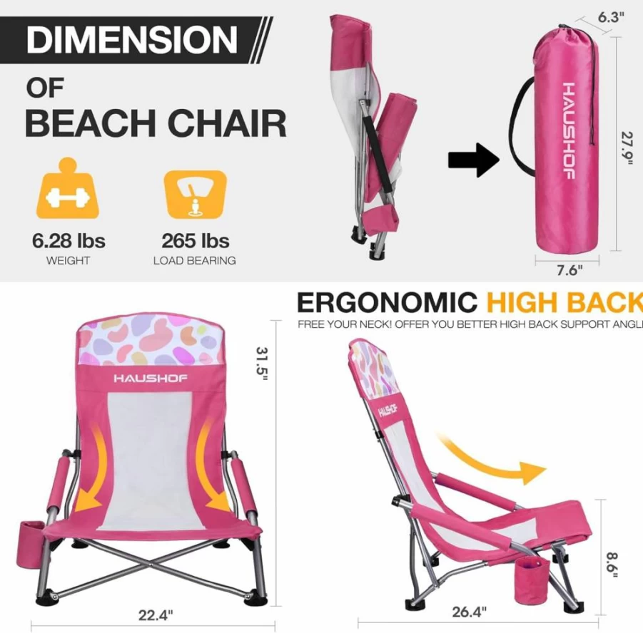 HAUSHOF Low Beach Chair with Mesh Back, Lightweight Folding Camping Chair with Cup Holder, Carry Bag & Padded Armrest for Outdoor, Beach, Lawn, Picnic, Festival