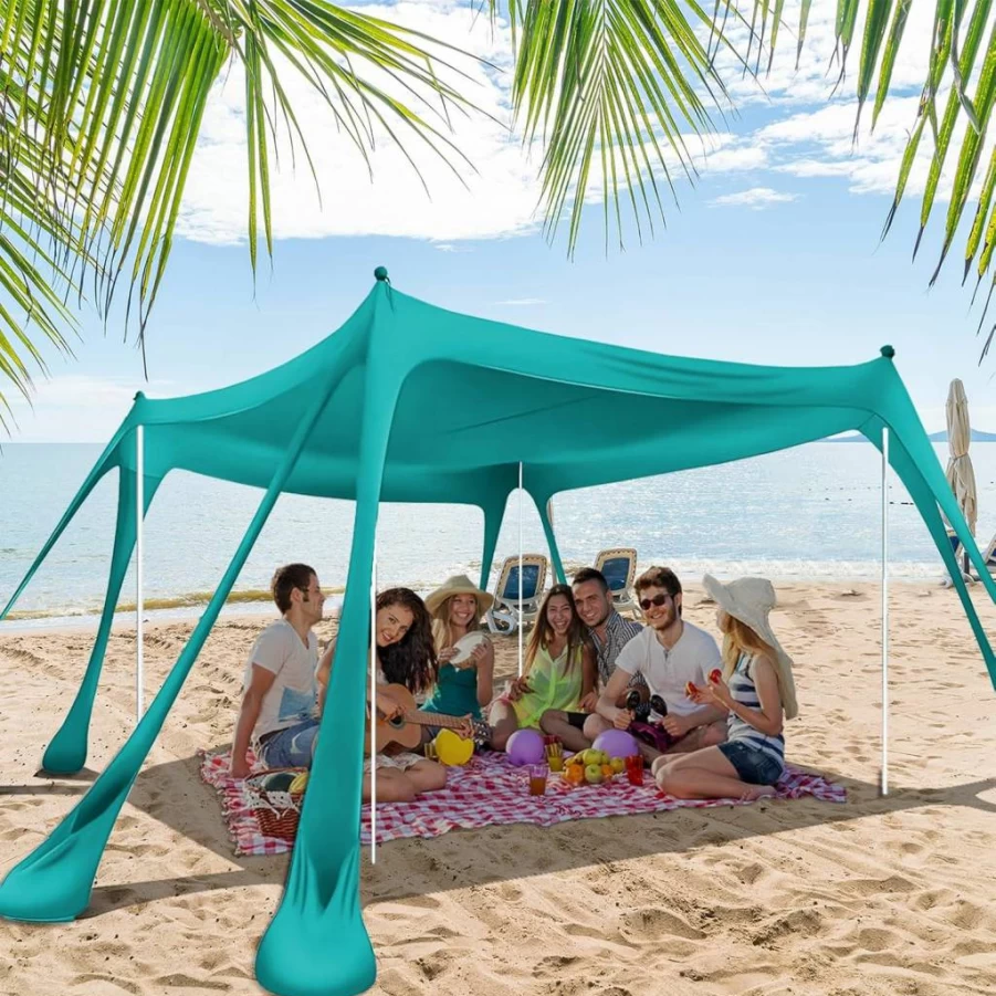 Zenicham 10x10FT Beach Tent Sun Shelter with UPF50+ UV Protection, Portable Cabana Canopy, 4 Stability Poles & 8 Sandbags for Ultimate Shade and Stability