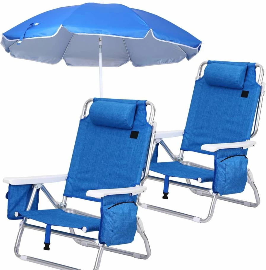 CDEN 7-Position Reclining Beach Chair with Cooler, Umbrella & Cup Holder for Adults - Portable Sand Chair for Camping, Travel, Picnic & Outdoor Activities
