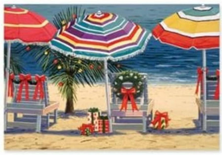 Cape Shore Christmas Beach Holiday Cards - 16 Card & Envelope Set with Decorated Beach Chairs, Palm Trees, Gifts on Sand