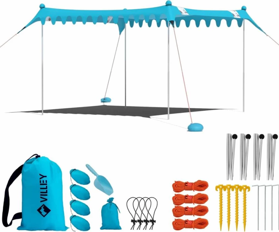 VILLEY Beach Tent Sun Shelter – 8.7FT Portable UPF50+ Sun Shade with 2 Stability Poles, 8 Ground Pegs, 4 Sandbags & Sand Shovel – Lightweight Outdoor Canopy for Camping, Picnics & Beach Trips