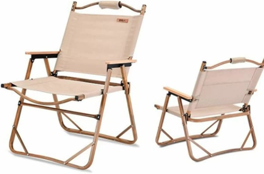 Generic Portable Foldable Camping Chair with Wooden Handle - Wide Ergonomic Design for Beach, Picnic & Lawn (Cream & Black)