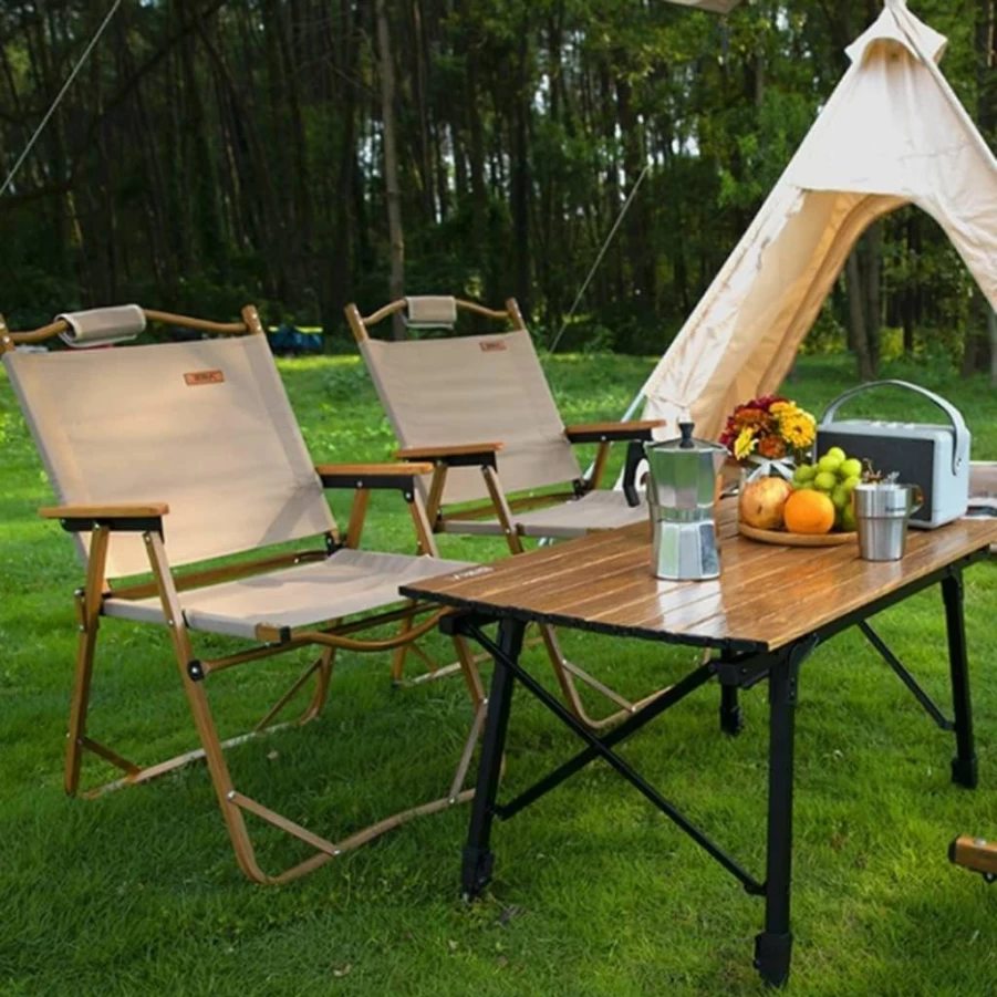 Generic Portable Foldable Camping Chair with Wooden Handle - Wide Ergonomic Design for Beach, Picnic & Lawn (Cream & Black)